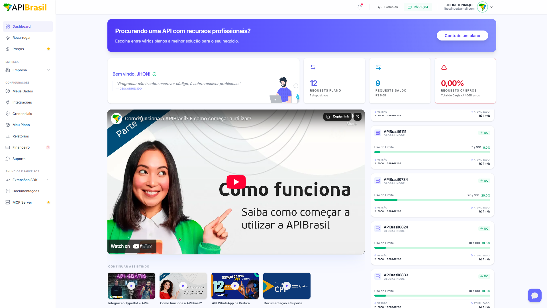 Dashboard APIBrasil - Interface completa de gerenciamento de APIs em tempo real com métricas, consumo e controle de dispositivos